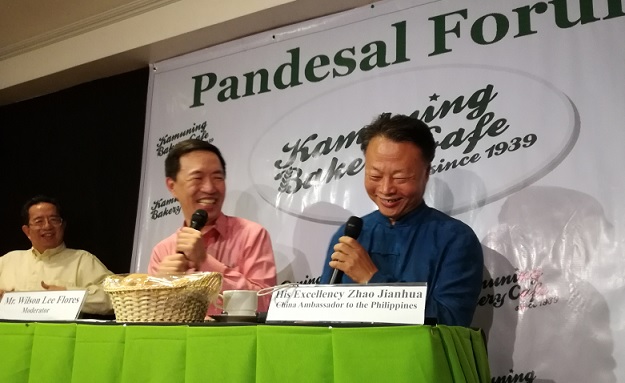 He has met with Pres. 8 times in three months. An upbeat Chinese Amb. Zhao Jianhua with Philstar columnist Wilson Flores and political commentator Herman Tiu Laurel at pre-China visit presscon at Kamuning Bakery.